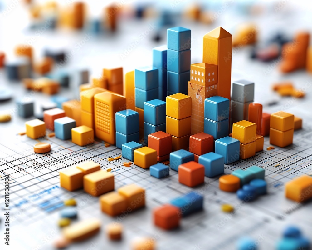 Poster colorful 3d block city model on a blueprint.
