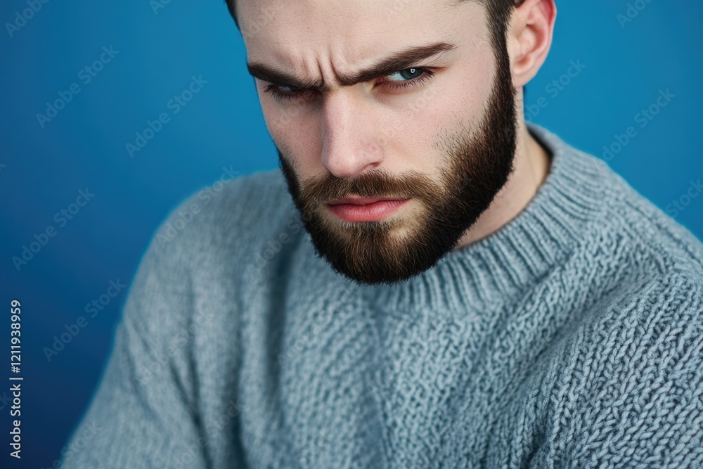 Poster A man is depicted wearing a sweater and having a beard, suitable for use in illustrations or as a reference image
