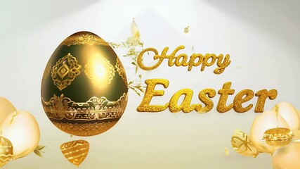 An animated Easter video features colorful egg with shimmering Happy Easter text delivering joyful dynamic tribute to the Christian holiday