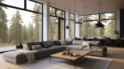 Fototapeta premium Modern Living Room with Forest View: A spacious, contemporary living room with floor-to-ceiling windows framing a breathtaking view of a dense forest.