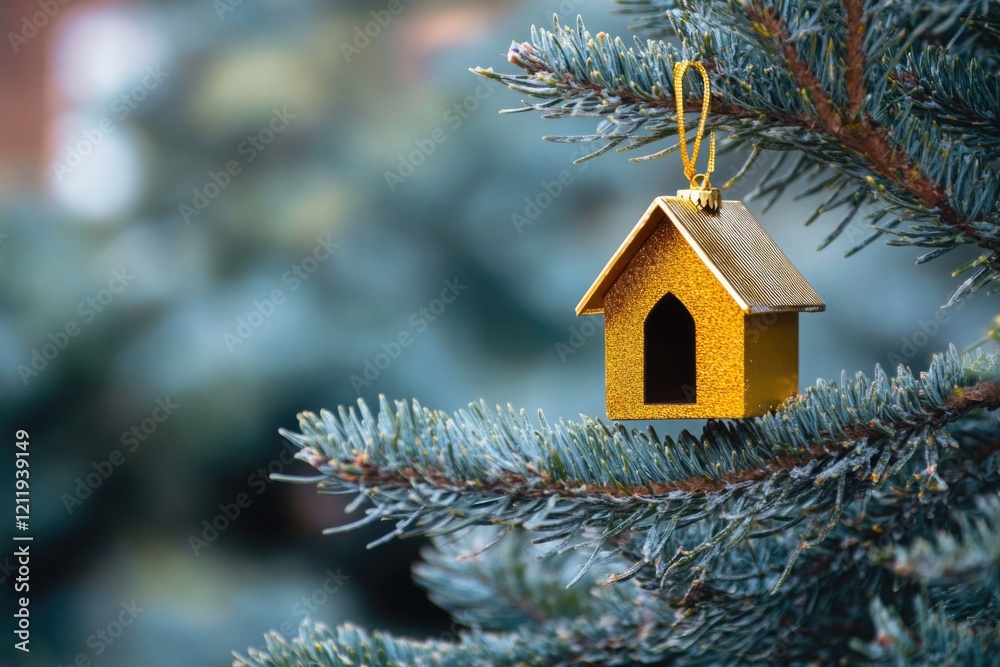 Poster a yellow birdhouse hangs from a pine tree branch, ready for birds to nest