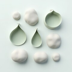 Floating Organic Modules
Modular abstract shapes resembling natural forms like leaves, water droplets, and stones in mid-air.