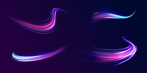 Light trail wave, fire path trace line, car lights, optic fiber and incandescence curve twirl. Big data traffic visualization, dynamic high speed, png, effect. Vector glowing lines air flow effect. 