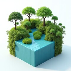 3D Geometric Nature Fusion
Cubic structures merging with natural elements like trees, plants, and flowing water, emphasizing harmony between technology and nature.