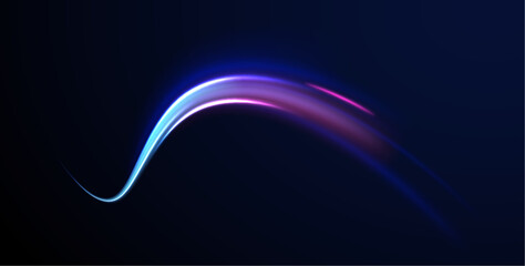 Abstract neon light motorway background. Light arc in neon colors, in the form of a turn. Magic bright shine glow of energy lines, shiny swirl power waves flow, electric trail glowing 