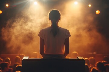 A dramatic image showcasing a woman from behind, bathed in warm, dramatic lighting as she stands before a concealed audience, evoking intensity and anticipation.