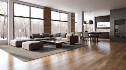 Modern Open Plan Living: A spacious and stylish open-plan living area with hardwood floors, large windows offering a winter woodland view, and a comfortable gray sectional sofa.