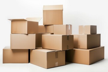 Stack of brown cardboard boxes for moving day with stuff indoors. High quality photo