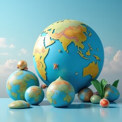 A surreal concept combining inflatable earth globes or spheres with whimsical, colorful accents for travel or environmental themes.

