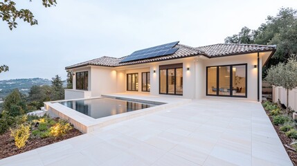 Fototapeta premium Modern luxury villa featuring a swimming pool, solar panels, and warm interior lighting during twilight.