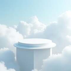 podium, white bright sky floating above clouds, product display horizontal