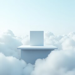 podium, white bright sky floating above clouds, product display horizontal