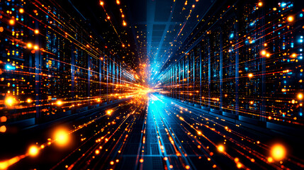 Abstract Digital Data Stream: Futuristic Server Room Network Visualization