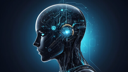 Obraz premium Futuristic abstract design featuring a cybernetic head with glowing elements and circuit patterns suitable for desktop wallpaper
