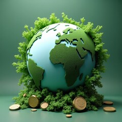Eco-Inspired Digital Sphere
A digitally rendered globe surrounded by abstract elements like green foliage, coins, and futuristic icons.