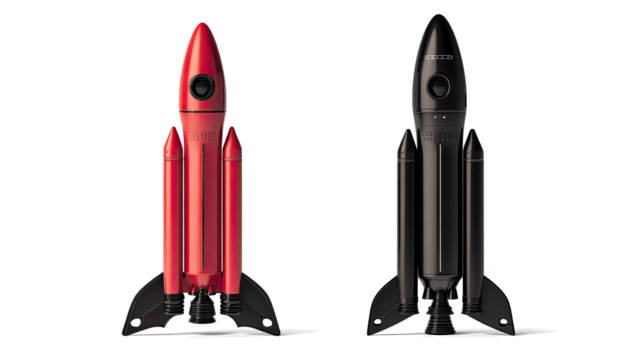 Red and Black Toy Rockets on White Generative AI