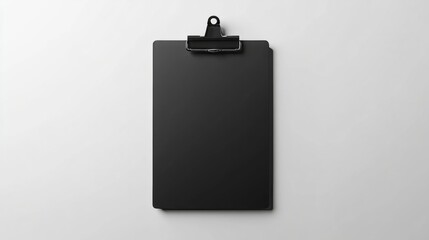 A simple 3D empty clipboard in matte black, placed against a solid white background with soft lighting accentuating its clean lines