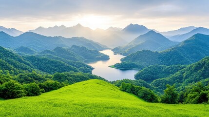 Naklejka premium Majestic mountain lake sunrise, scenic vista, tranquil nature, peaceful landscape, travel destination