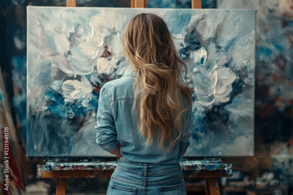 Poster an artist working on a dynamic abstract painting dominated by blue shades, symbolizing movement and 