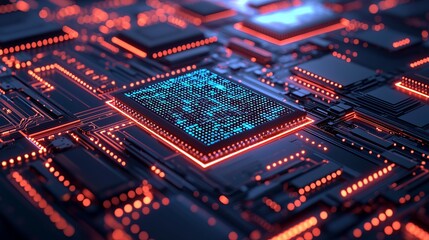 Fototapeta premium A close-up view of a futuristic circuit board with glowing blue and orange patterns, showcasing advanced technology and intricate design.