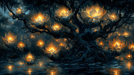 Enchanted Forest: A Night of Magical Glowing Flowers and Mystical Trees