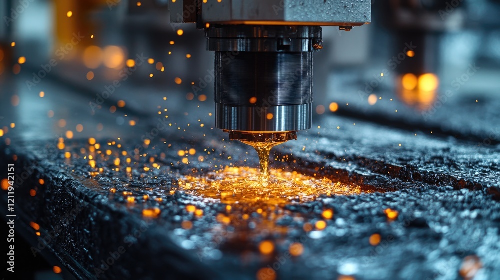Poster a close-up view of a machine cutting a piece of metal with precision