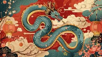 Cute Chinese snake print, vector illustration style, flat design with traditional elements of Spring Festival celebration and lanterns