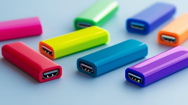 A collection of eight colorful usb memory sticks that are organized nicely to symbolize accessible information