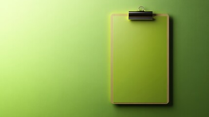 An empty 3D clipboard with a glossy finish, placed against a solid lime green background, illuminated with a soft light source from above 