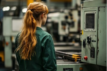 A woman in a green overall is seen from behind operating a control panel in a factory, signifying roles in technical fields and attention to technological precision.