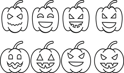 Obraz premium Halloween Pumpkin Face Icon set, jack-o-lantern flat graphic design elements, isolated on transparent background. used for Halloween festival, element template poster, brochures, online advertising,