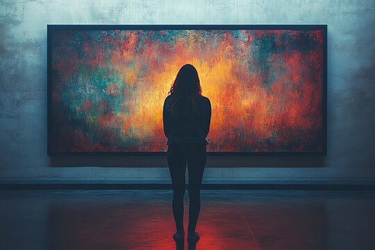 A silhouette of a viewer stands in front of a vibrant abstract painting, surrounded by warm lighting, evoking introspection, art appreciation, and creativity.
