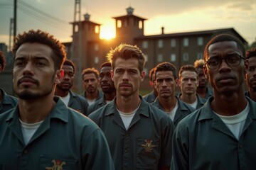 Fototapeta premium A close-up of a group of inmates standing together, their expressions showing a mix of determination and vulnerability. The grim prison building looms in the background under a setting sun