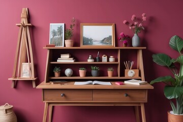 workspace interior with stylish teak commode, wooden easel, bookcase, decoration and elegant