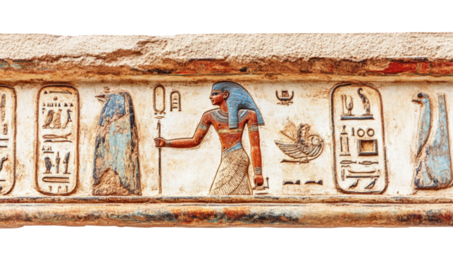 Ancient Egyptian wall relief depicting a figure with symbols and hieroglyphs isolated on transparent background