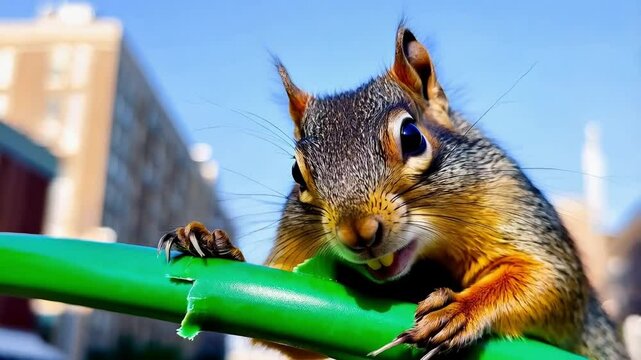 Squirrel chewing on a green wire  in a Bustling Urban Setting