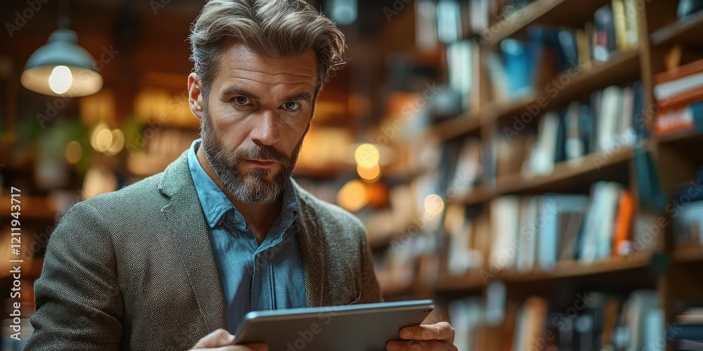 Poster A person using a tablet computer in a quiet library setting, possibly for research or learning