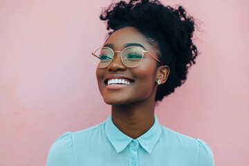 Happy Young Woman With Glasses Smiles Against Pink Background
