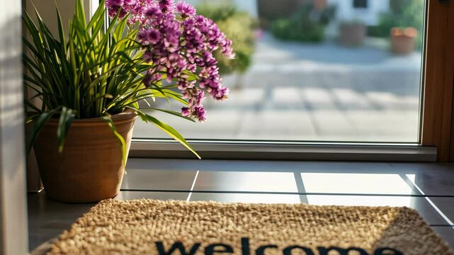 Warm welcome mat with a natural design placed at the entrance of a cozy home in late afternoon light