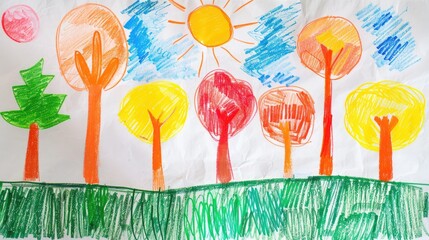 A colorful drawing of trees and bushes with the sun shining in the background