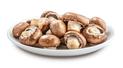 Fototapeta premium Fresh organic brown mushrooms arranged on a clean white plate showcasing their natural texture and color against a minimalist background