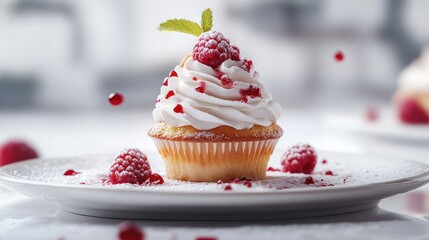 Delicious raspberry topped cupcake with cream served on a white plate garnished with mint leaves and fresh raspberries