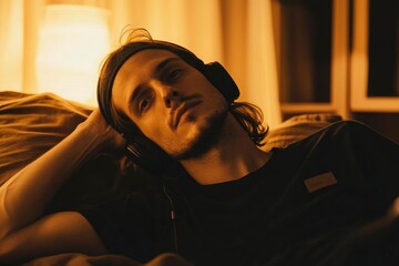 Obraz premium Young Man Relaxing Listening To Music Indoors