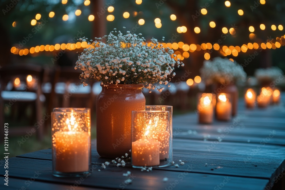 Aufkleber a simple yet elegant scene featuring a wooden table with a vase filled with candles