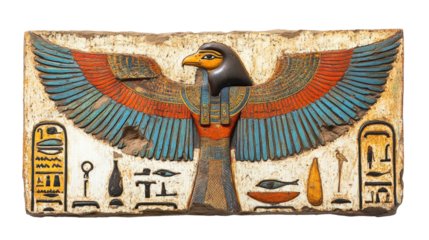 Ancient Egyptian relief carving of goddess with spread wings and hieroglyphs isolated on transparent background