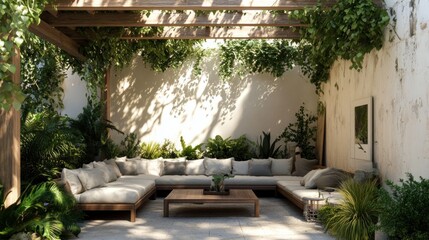 Serene Outdoor Patio Oasis: Lush Greenery, Wooden Pergola, and Comfortable Seating