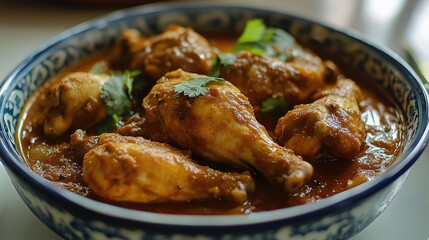 Savory chicken curry served in a traditional bowl garnished with fresh cilantro on a cozy dining table setting