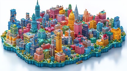 Obraz premium Colorful 3D voxel city model, diverse architecture.