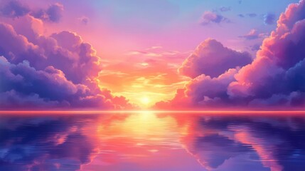 Fototapeta premium Tranquil sunset scene with vibrant clouds reflecting in calm sea water creating a serene and picturesque ambiance.