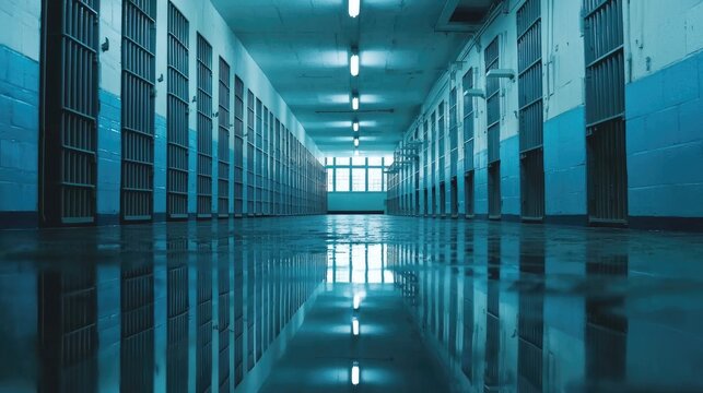 A serene scene of a prison facility, reflecting on the complexities of the criminal justice system